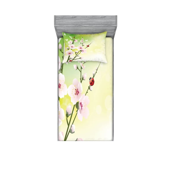 Ambesonne Floral Fitted Sheet & Pillow Sham Set, Blossoms Ladybugs Spring, Twinxl, Green Pink