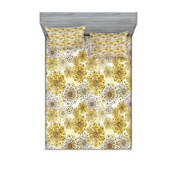 Ambesonne Floral Fitted Sheet & Pillow Sham Set, Blossoms Petals and Dots, Full, Khaki Brown White