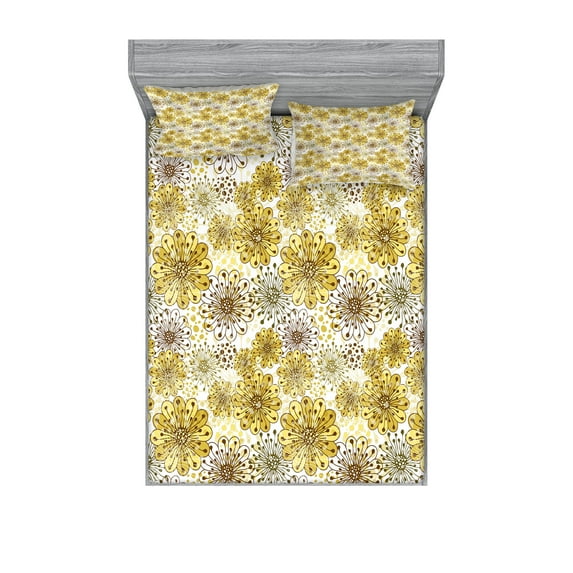 Ambesonne Floral Fitted Sheet & Pillow Sham Set, Blossoms Petals and Dots, Full, Khaki Brown White