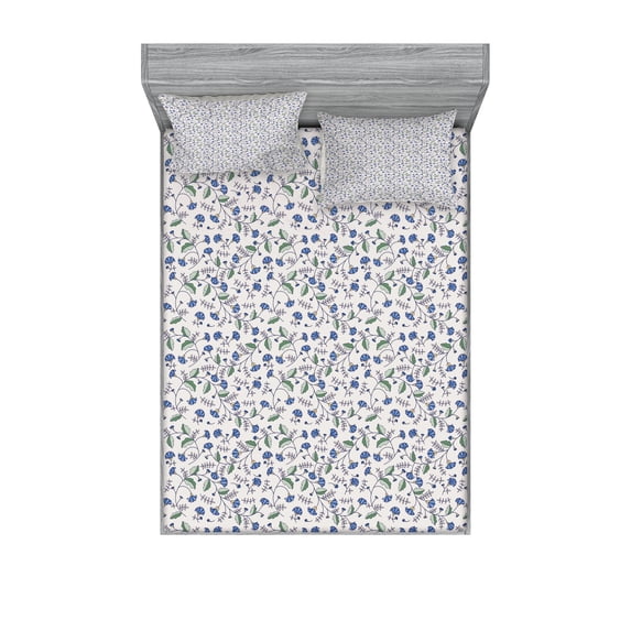 Ambesonne Floral Fitted Sheet & Pillow Sham Set, Blue Cornflowers and Leaves, Queen, Multicolor