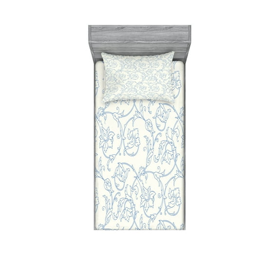 Ambesonne Floral Fitted Sheet & Pillow Sham Set, Bohemian Vintage Orchids, Twin, Cream and Blue