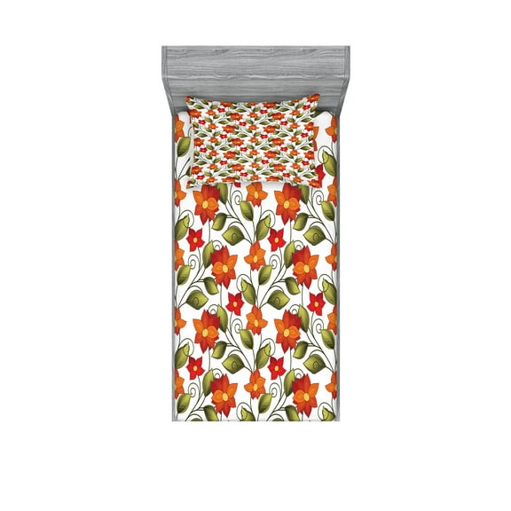 Ambesonne Floral Fitted Sheet & Pillow Sham Set, Boho Herbs Lily Nature, Twinxl, Olive Green Orange White