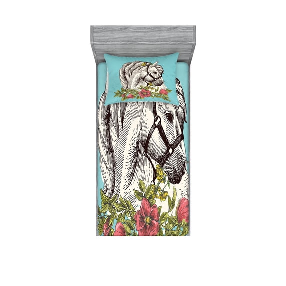 Ambesonne Floral Fitted Sheet & Pillow Sham Set, Boho Horse Poppy Portrait, Twin, Apple Green and Turquoise