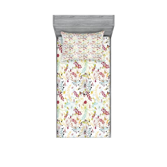 Ambesonne Floral Fitted Sheet & Pillow Sham Set, Botanical Spring Petals, Twinxl, Multicolor