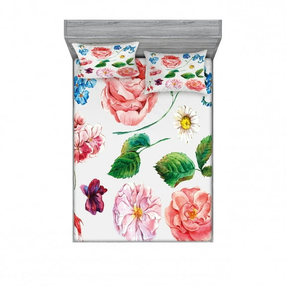 Ambesonne Floral Fitted Sheet & Pillow Sham Set, Bouquet Set with Rose, Queen, Pink and Green