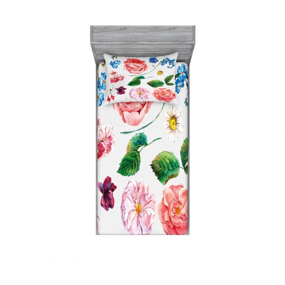 Ambesonne Floral Fitted Sheet & Pillow Sham Set, Bouquet Set with Rose, Twinxl, Pink and Green