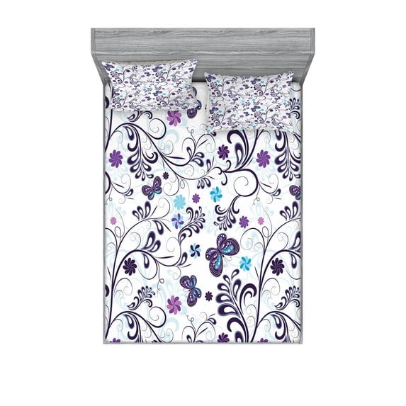 Ambesonne Floral Fitted Sheet & Pillow Sham Set, Butterflies and Swirls, Queen, Dark Purple Pale Blue