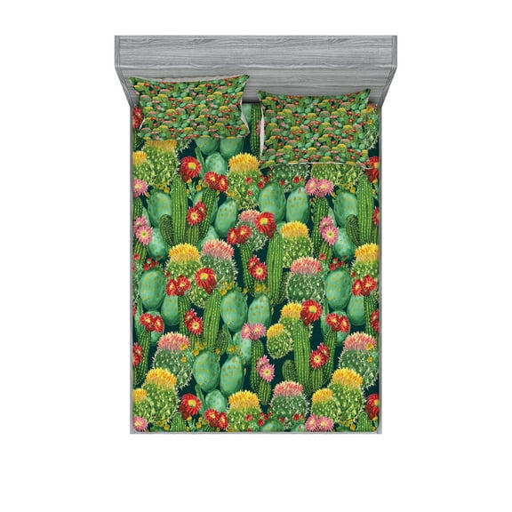 Ambesonne Floral Fitted Sheet & Pillow Sham Set, Cactus Flowers Garden, Queen, Multicolor
