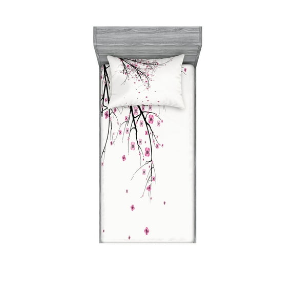 Ambesonne Floral Fitted Sheet & Pillow Sham Set, Cherry Blossom Flower, Twin, Pink Black