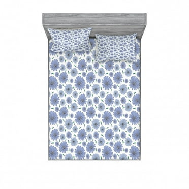 Ambesonne Floral Fitted Sheet & Pillow Sham Set, Chicory Flower Pattern Buds, Queen, Lavender Blue White
