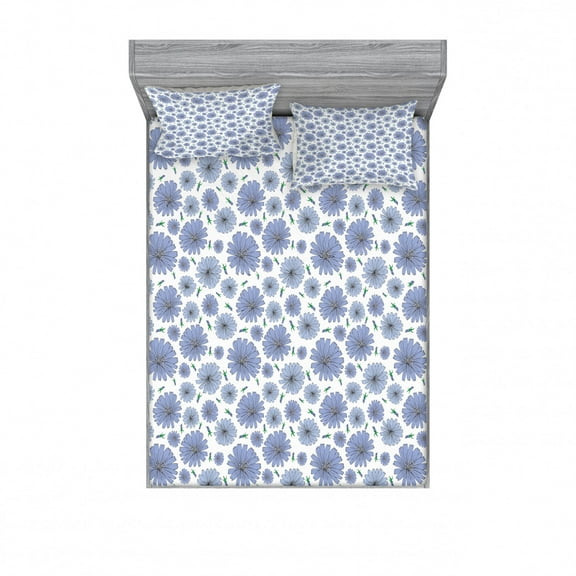 Ambesonne Floral Fitted Sheet & Pillow Sham Set, Chicory Flower Pattern Buds, Queen, Lavender Blue White