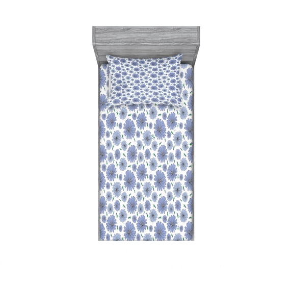Ambesonne Floral Fitted Sheet & Pillow Sham Set, Chicory Flower Pattern Buds, Twin, Lavender Blue White