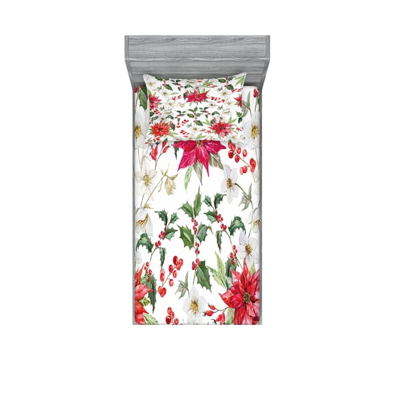 Ambesonne Floral Fitted Sheet & Pillow Sham Set, Christmas Flowers Buds, Twin, Pink Green White
