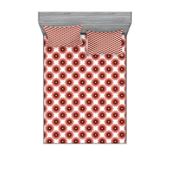 Ambesonne Floral Fitted Sheet & Pillow Sham Set, Circle and Teardrop Shape, Full, Coral Dried Rose