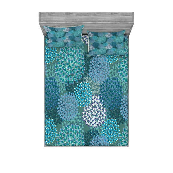 Ambesonne Floral Fitted Sheet & Pillow Sham Set, Clove Petals Vibrant, Full, Petrol Blue Teal