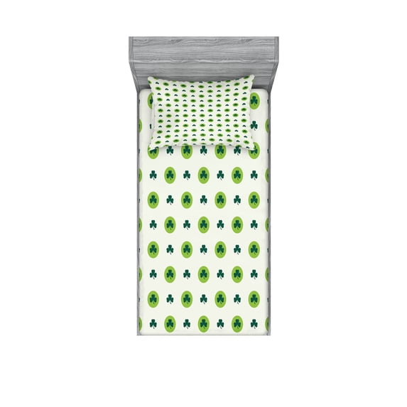 Ambesonne Floral Fitted Sheet & Pillow Sham Set, Clovers Green Dots Irish, Twin, Lime Green Dark Green