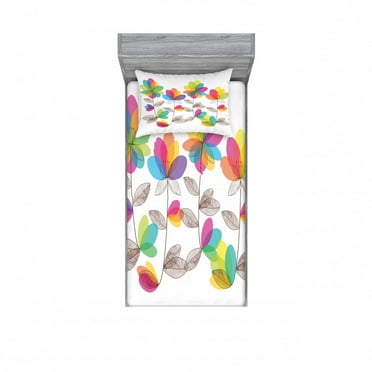 Ambesonne Floral Fitted Sheet & Pillow Sham Set, Colored Blooming Flowers, Twinxl, Multicolor