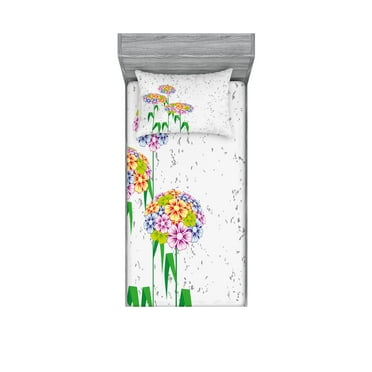 Ambesonne Floral Fitted Sheet & Pillow Sham Set, Colorful Daisies Art, Twin, Multicolor