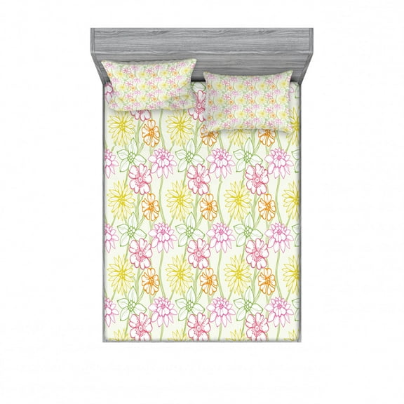 Ambesonne Floral Fitted Sheet & Pillow Sham Set, Colorful Flowers Sketchy, Queen, Multicolor
