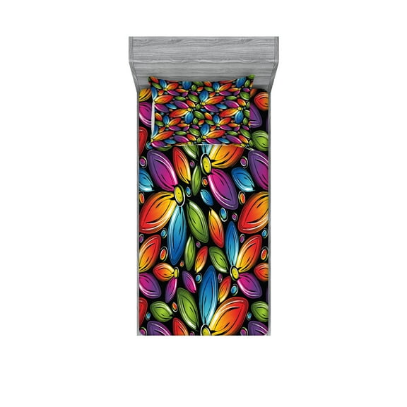 Ambesonne Floral Fitted Sheet & Pillow Sham Set, Colorful Flowers Vintage, Twin, Multicolor