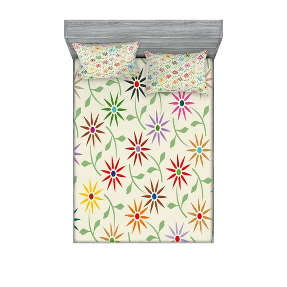 Ambesonne Floral Fitted Sheet & Pillow Sham Set, Colorful Graphic Garden, Queen, Multicolor