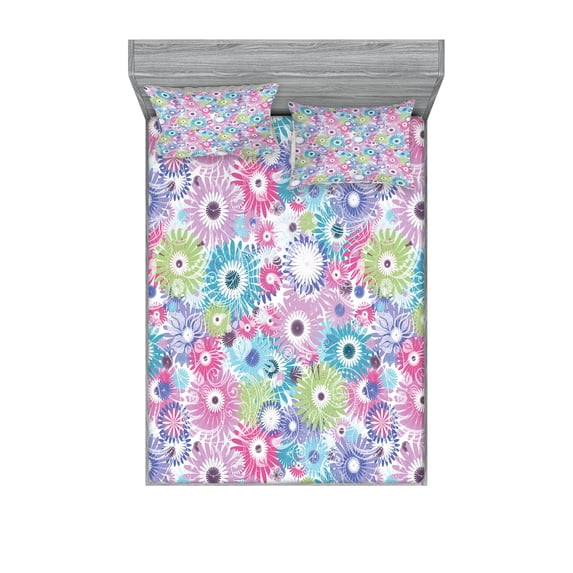 Ambesonne Floral Fitted Sheet & Pillow Sham Set, Colorful Vintage Curls, Queen, Multicolor