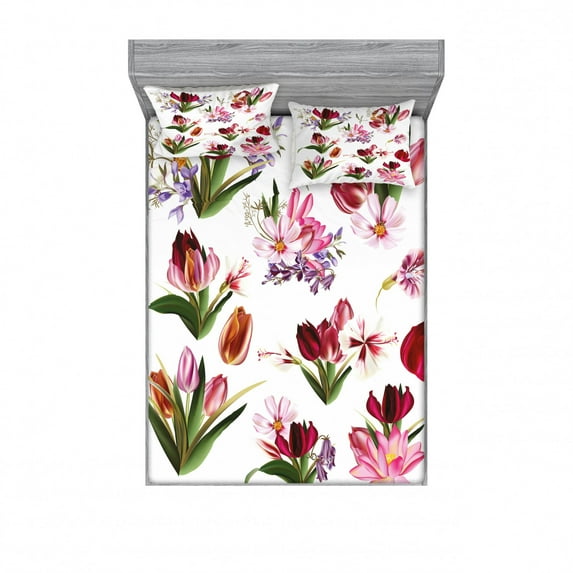 Ambesonne Floral Fitted Sheet & Pillow Sham Set, Composition of Tulips Lilies, Full, Multicolor