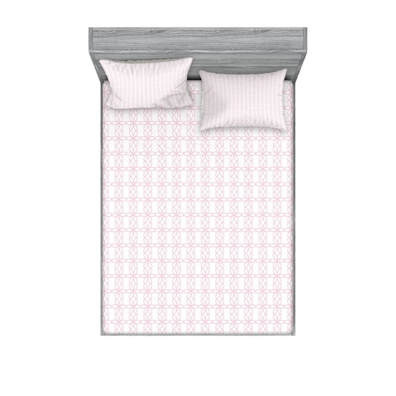 Ambesonne Floral Fitted Sheet & Pillow Sham Set, Contiguous Flowers Lines, Full, Pale Pink and White
