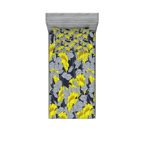 Ambesonne Floral Fitted Sheet & Pillow Sham Set, Contrast Tones Florets, Twin, Yellow and Grey