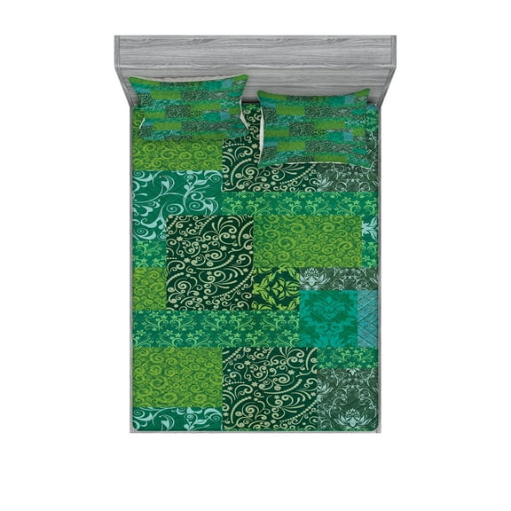Ambesonne Floral Fitted Sheet & Pillow Sham Set, Curly Ornaments in Squares, Full, Emerald Jade Green