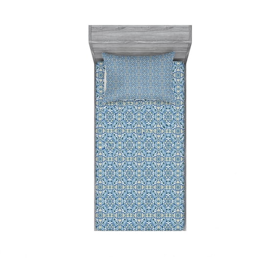 Ambesonne Floral Fitted Sheet & Pillow Sham Set, Curvy Circular Hand Tile, Twinxl, Pale Blue Green and Blue