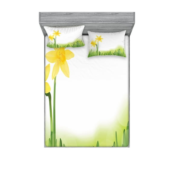 Ambesonne Floral Fitted Sheet & Pillow Sham Set, Daffodils with Grass, Queen, Green Yellow