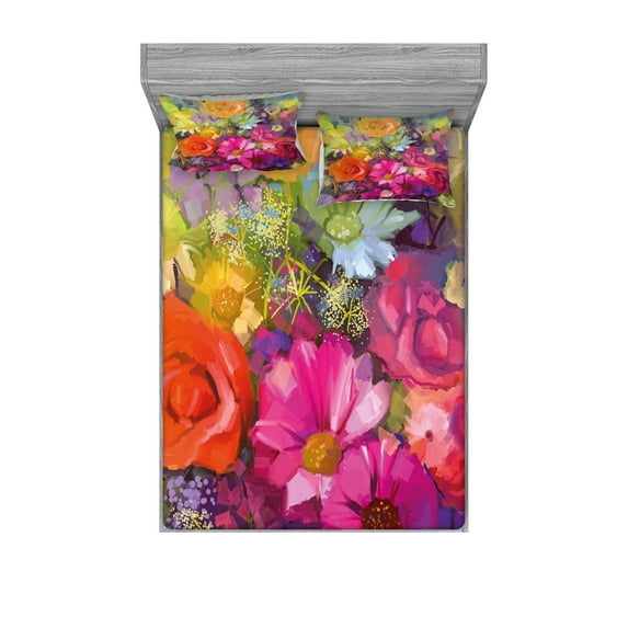 Ambesonne Floral Fitted Sheet & Pillow Sham Set, Daisies Peony Gerbera, Calking, Multicolor