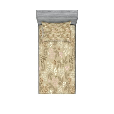 Ambesonne Floral Fitted Sheet & Pillow Sham Set, Daisies Romantic Ornate, Twin, Tan Pink Cream