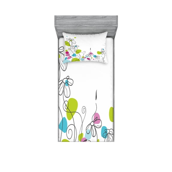 Ambesonne Floral Fitted Sheet & Pillow Sham Set, Daisies Spring Florets, Twin, Multicolor
