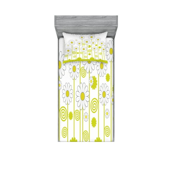 Ambesonne Floral Fitted Sheet & Pillow Sham Set, Daisises Flowers Garden, Twin, Yellow and White