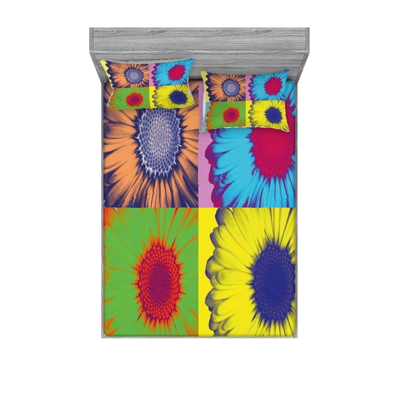 Ambesonne Floral Fitted Sheet & Pillow Sham Set, Daisy Flower Collage, Queen, Multicolor
