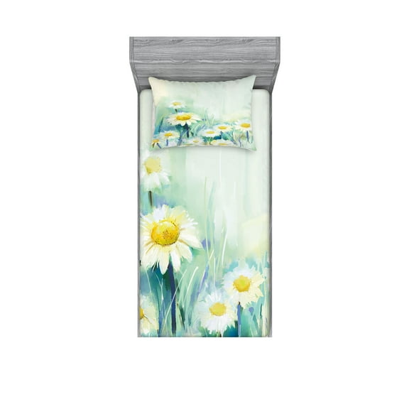 Ambesonne Floral Fitted Sheet & Pillow Sham Set, Daisy Flower Field Art, Twin, Pale Blue White