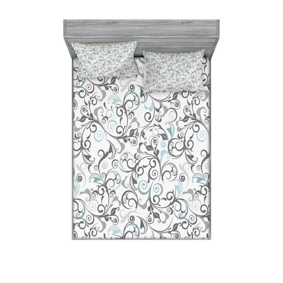 Ambesonne Floral Fitted Sheet & Pillow Sham Set, Damask Antique Curls, King, Grey Pale Blue White
