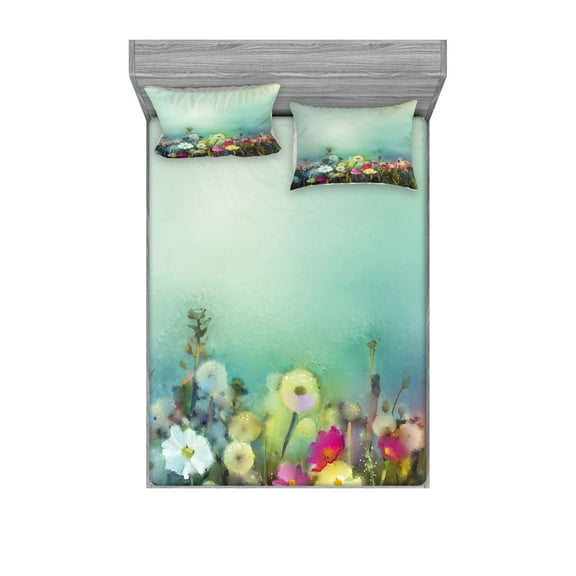 Ambesonne Floral Fitted Sheet & Pillow Sham Set, Dandelion Daisy Poppy, Full, Multicolor