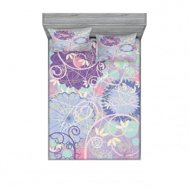 Ambesonne Floral Fitted Sheet & Pillow Sham Set, Dandelions Leaves Swirls, Queen, Multicolor