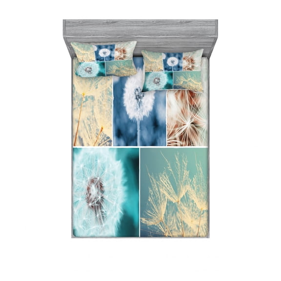 Ambesonne Floral Fitted Sheet & Pillow Sham Set, Dandelions Nature, Full, Blue