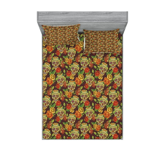Ambesonne Floral Fitted Sheet & Pillow Sham Set, Diamond Flowers Leaves, Queen, Pale Green Yellow Orange