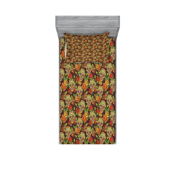 Ambesonne Floral Fitted Sheet & Pillow Sham Set, Diamond Flowers Leaves, Twin, Pale Green Yellow Orange