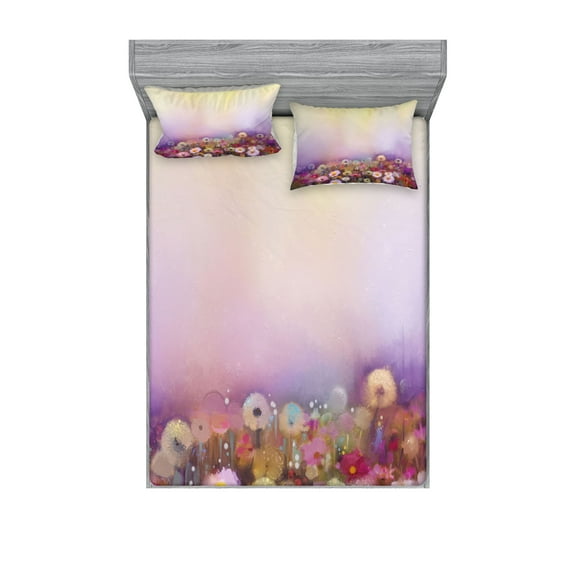 Ambesonne Floral Fitted Sheet & Pillow Sham Set, Different Blossom Types, Full, Lilac Pink