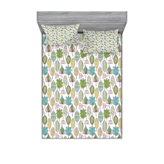 Ambesonne Floral Fitted Sheet & Pillow Sham Set, Doodle Dandelions Boho, Full, Multicolor