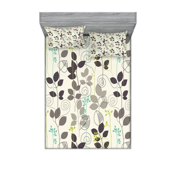 Ambesonne Floral Fitted Sheet & Pillow Sham Set, Doodle Leaves Earth Tone, Full, Dark Taupe Coconut