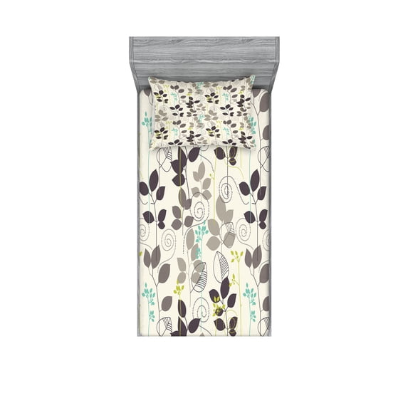 Ambesonne Floral Fitted Sheet & Pillow Sham Set, Doodle Leaves Earth Tone, Twinxl, Dark Taupe Coconut