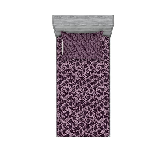 Ambesonne Floral Fitted Sheet & Pillow Sham Set, Doodle Nature Birds, Twin, Lilac and Plum