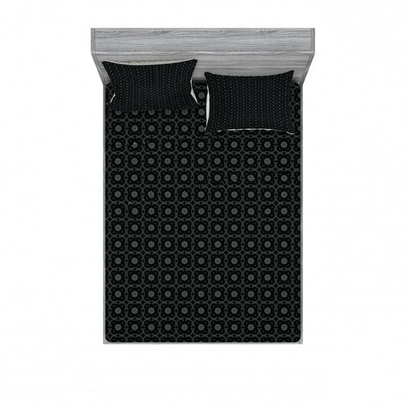 Ambesonne Floral Fitted Sheet & Pillow Sham Set, Dotted Curvy Mosaic Motifs, Queen, Black and Grey